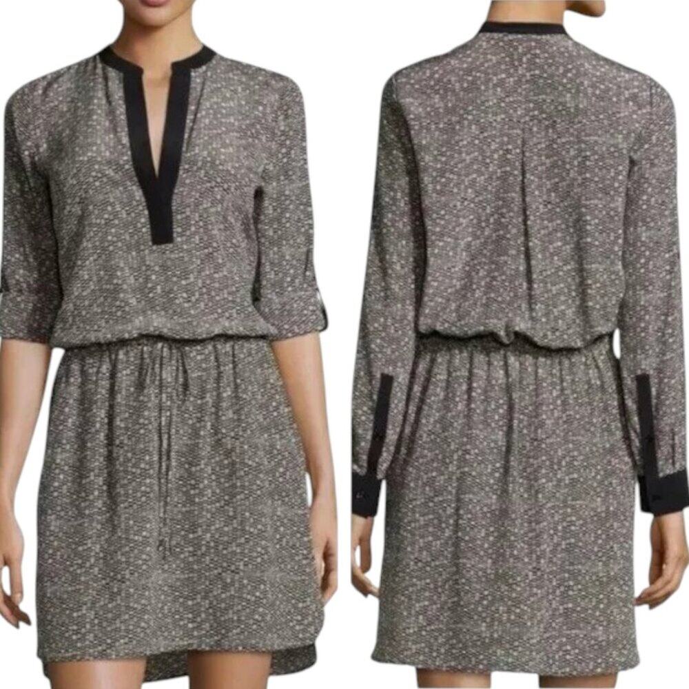 Vince Silk Shirt Dress SIZE XS Black Grey Geo Print Pockets Long Sleeve